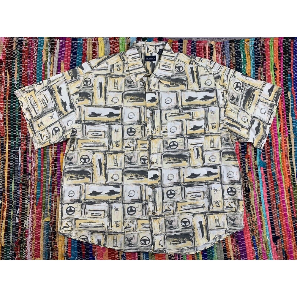 Puritan Button Down Shirt Mens XL Extra Large Short Sleeve Nautical Boats